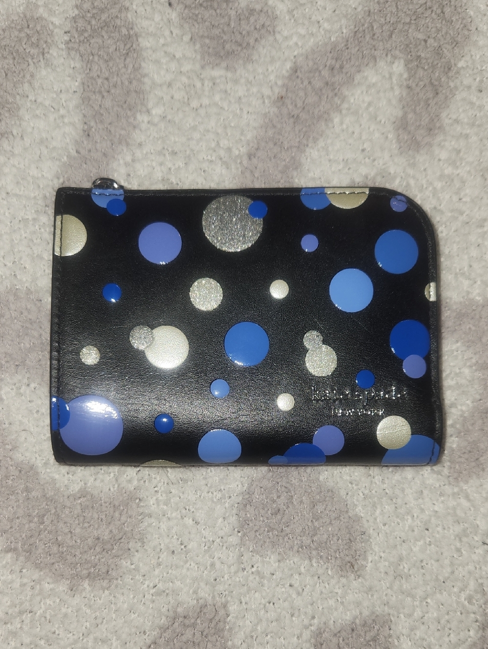 kate spade Black Polka Dot Compact Wallet with Blue and Silver Dots